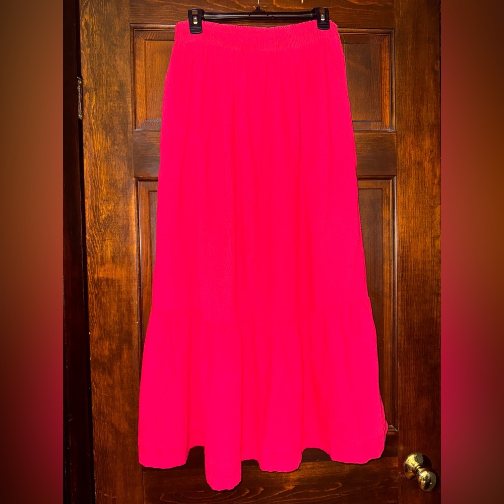 Abercrombie & Fitch Pink Linen Blend Maxi Skirt High Slit Elastic Waist Medium - Picture 2 of 9